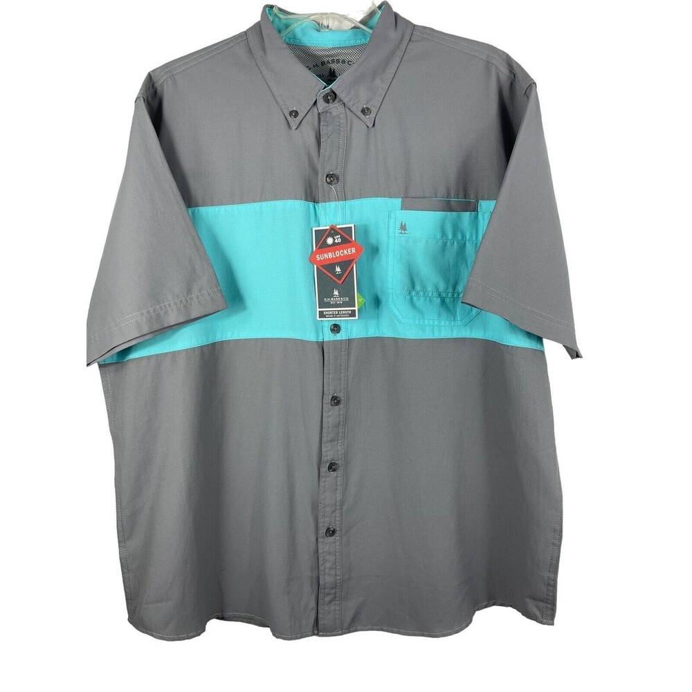 G.H. Bass Short Sleeve Button Up Sunblocker Wicking XL Gray Aqua Shirt NWT